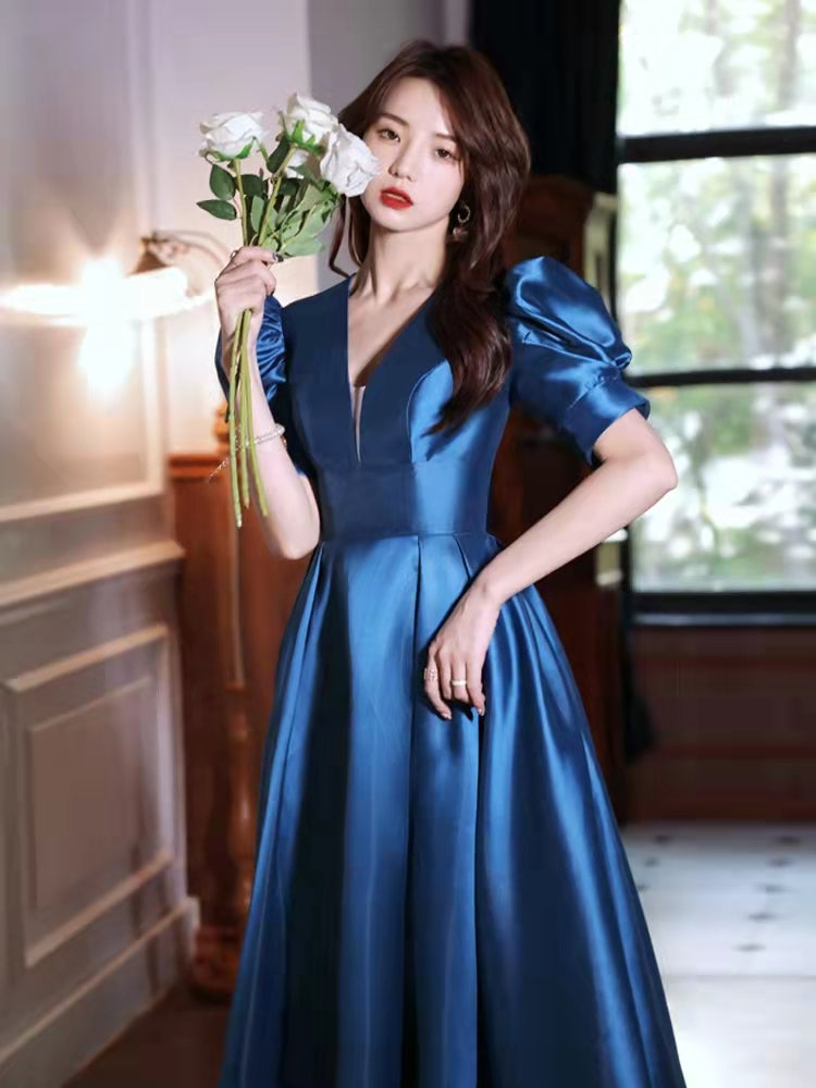Yellow/Blue satin long A line prom dress evening dress C856