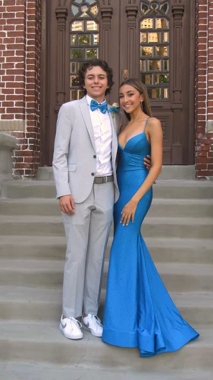 Blue Mermaid V Neck Satin Beaded Prom Dress Spaghetti Straps Formal Dress Classy Evening Dress cc233