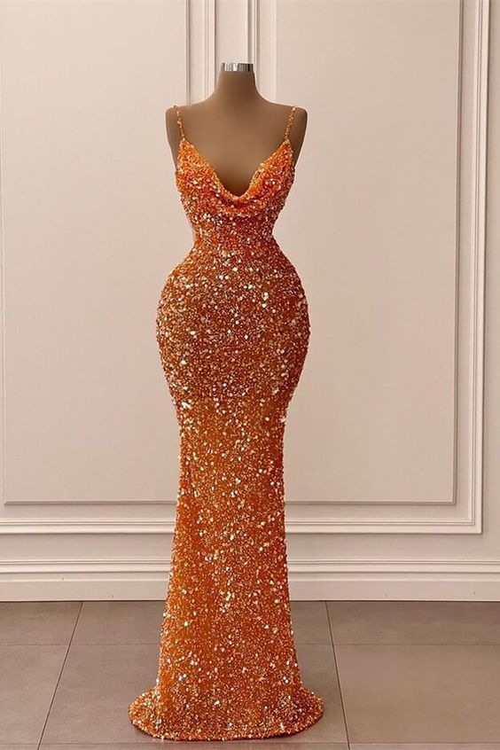 Orange V-Neck Mermaid Spaghetti-Straps Long Prom Dress With Sequins cc232