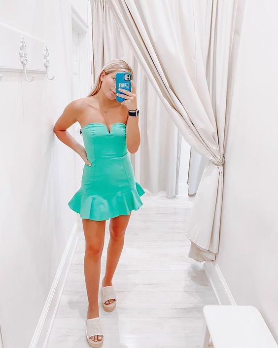 Fresh Mint Green Strapless Cute Homecoming Dress Rufflues Bottom Party Dress c3327
