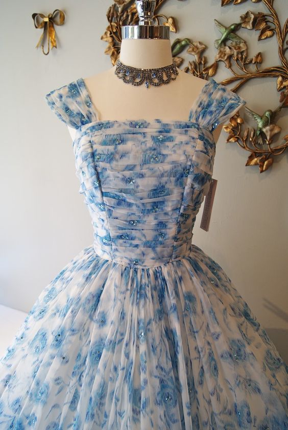 Vintage Sleeveless Party Dress Blue Floar Homecoming Dress c2531
