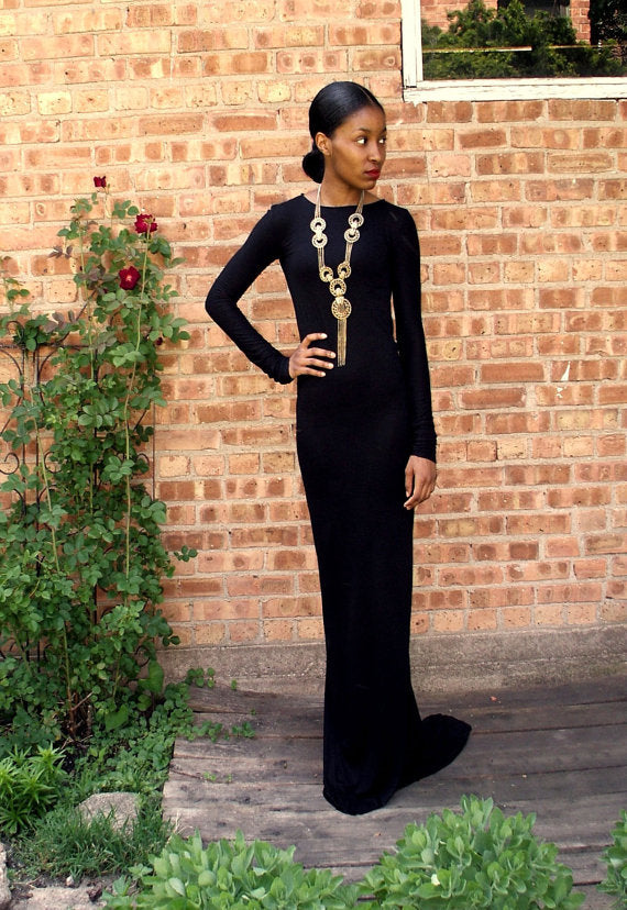 Black Backless Full Length Gown, Black Prom Dress, Black Formal Dress, Long Sleeves Prom Gown, Black Evening Dress cc155