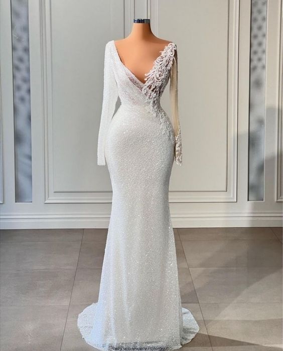 Mermaid Wedding Dress With Long Sleeves Elegant White Wedding Dress cc167