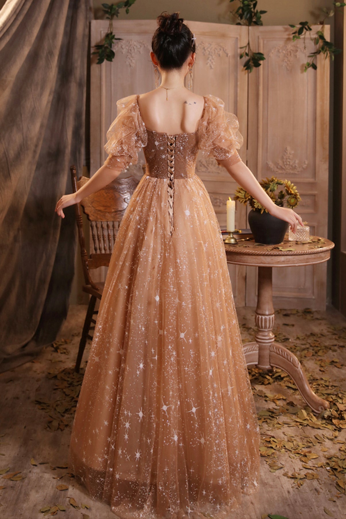 Elegant Champagne Evening Dresses Female Lanturn Sleeves Bow Lace Up Long French Style Ball Gowns C1945