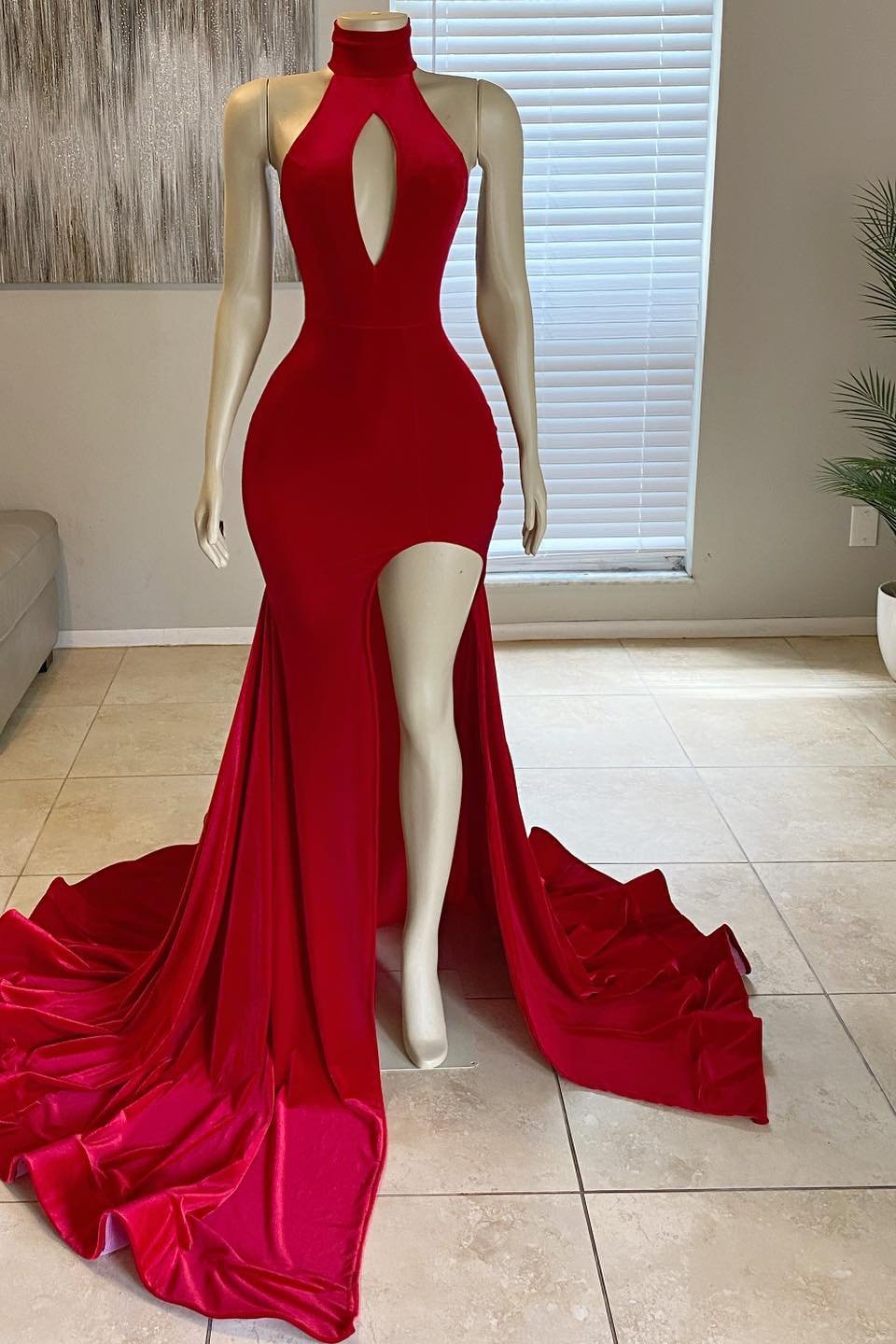 Modern High Neck Red Mermaid Prom Dress Long Split With Sleeveless c2974