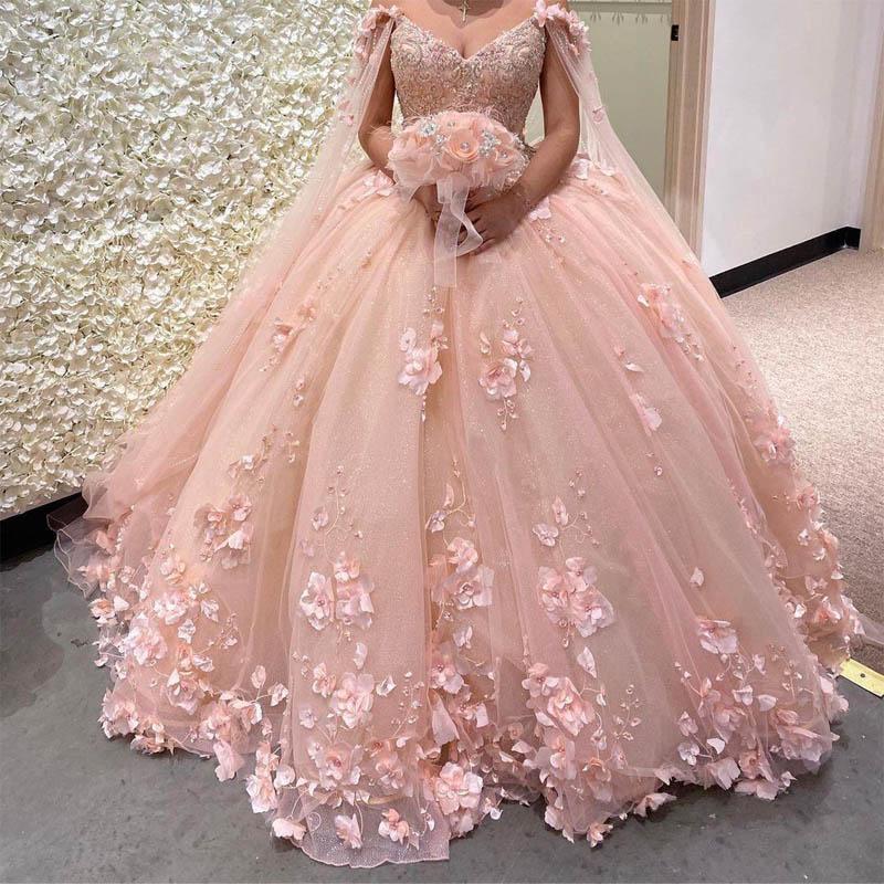 Pink Ball Gown With 3D Flowers Sweet 16 Dress Romantic Pink Embroidery Cape Ball Gown 3D Floral Beaded Long Sweet Frill Dress c2555