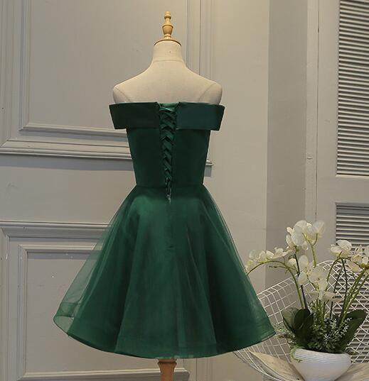 Lovely Off Shoulder Green Short Satin Party Dress With Lace Applique, Green Homecoming Dresses c3090