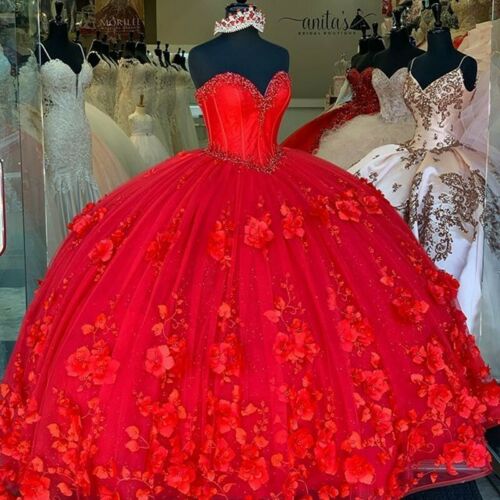 Red Quinceanera Dresses 3D Flowers Princess Corset Back Princess Prom Sweet 16 c2938
