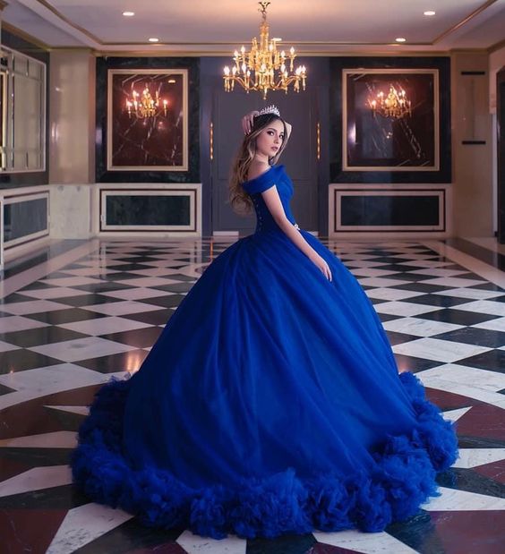 Off Shoulder Ball Gown Women Royal Blue Ruffle Princess Sweet 16 Dress cc72