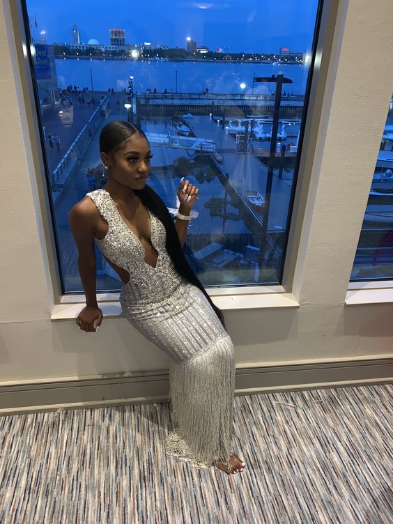 Black Girl Silver Luxurious Evening Dress Charming Mermaid Prom Dress cc74