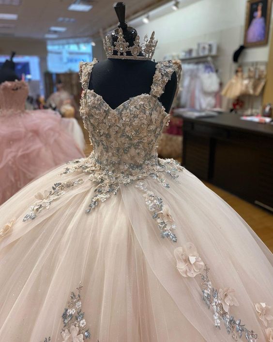 A-line Tulle Ball Gown Puffy Sweet 16 Dress 3D Flowers Birthday Dress c3282