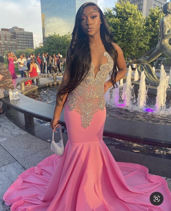 Pink Mermaid Long Prom Dress With Beaded Elegant Evening Dress Black Girls Prom cc347