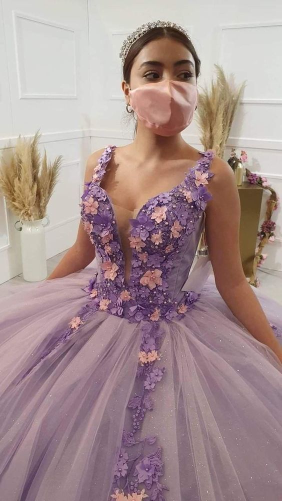 V Neck Tulle 3D Floral Flowers Ball Gown Sweet 16 Dress cc468
