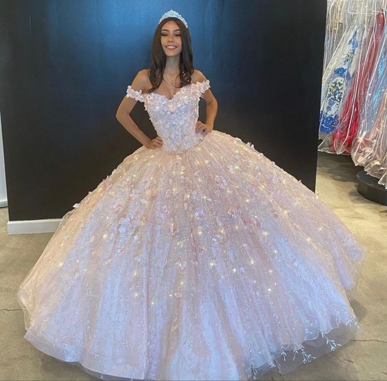 Off The Shoulder Pink Ball Gown Sweet 16 Dress cc410