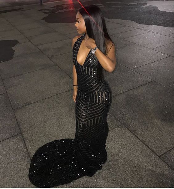 Sexy Mermaid Prom Dress Sequins Black Girl Prom Dresses cc408