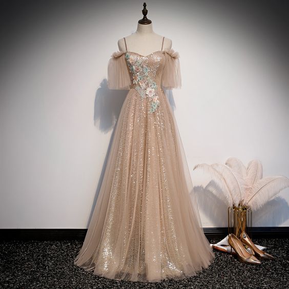 Champagne sequins tulle prom dress formal dress cc391