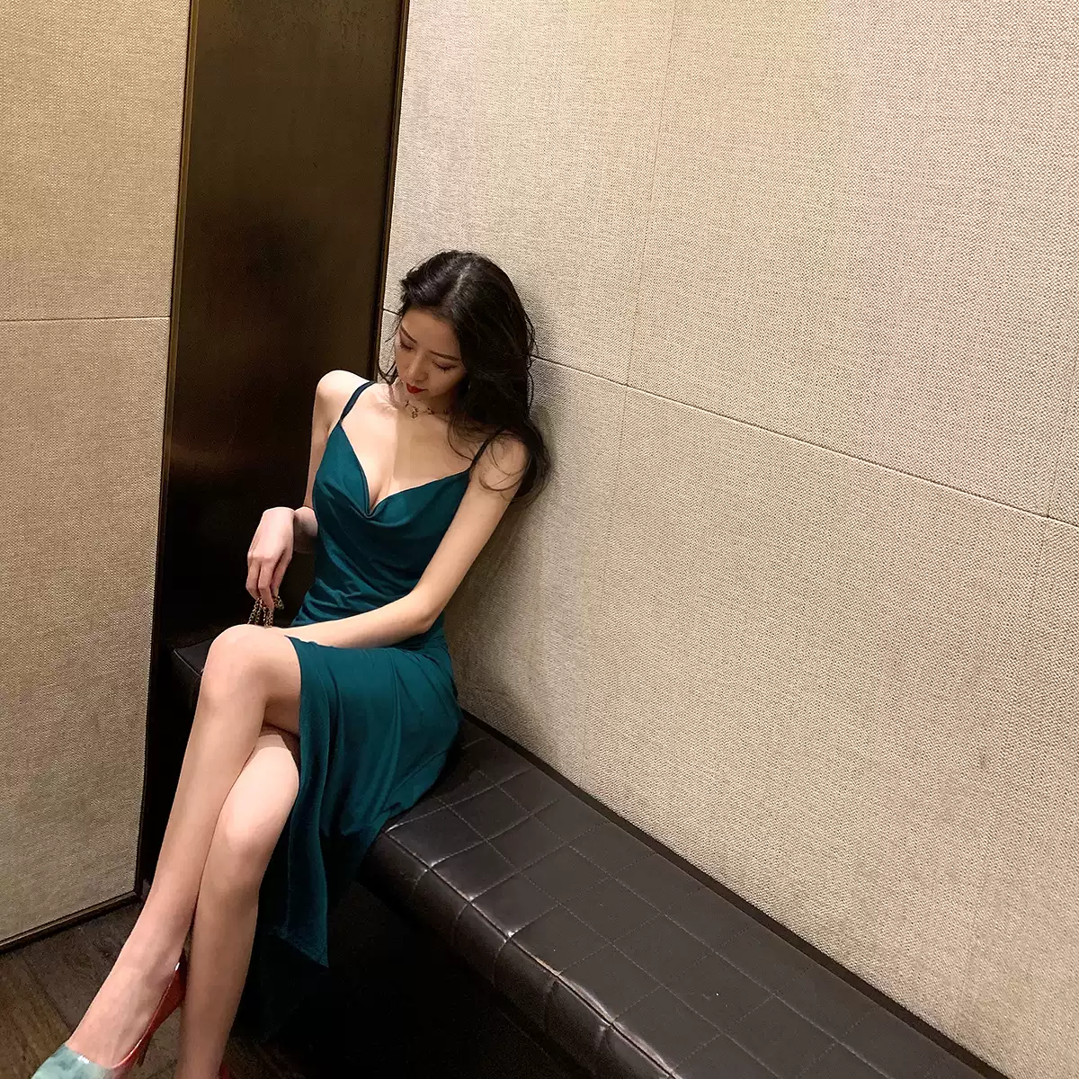 Simple Prom Dress Spaghetti Straps Prom Dress with Slit Backless Party Dress C2323