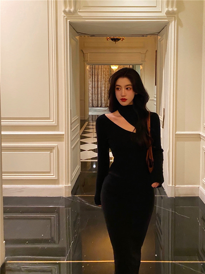 Black Sexy Off Shoulder Dress Women Vintage Elegant Highneck All Match Long Sleeve Bodycon Dresses Femme Party Dress Black Prom Dress c2477