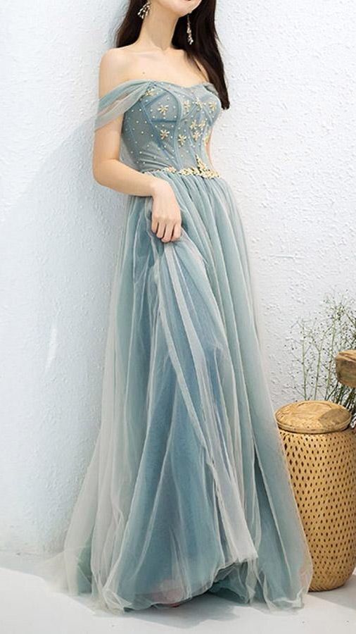 Dusty Blue Tulle Beaded Off-the-Shoulder Long Prom Dresses, Formal Dress C2425