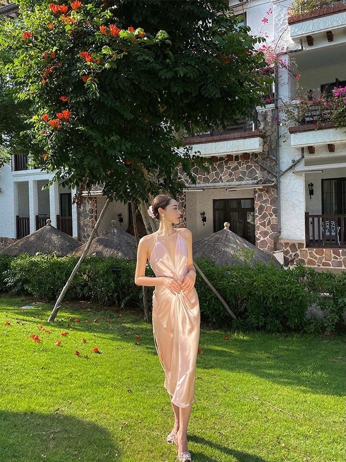 Rose Pink Satin Strap Dress Simple Party Dress C2326