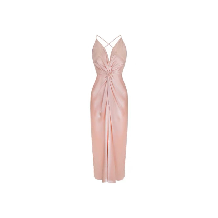 Rose Pink Satin Strap Dress Simple Party Dress C2326