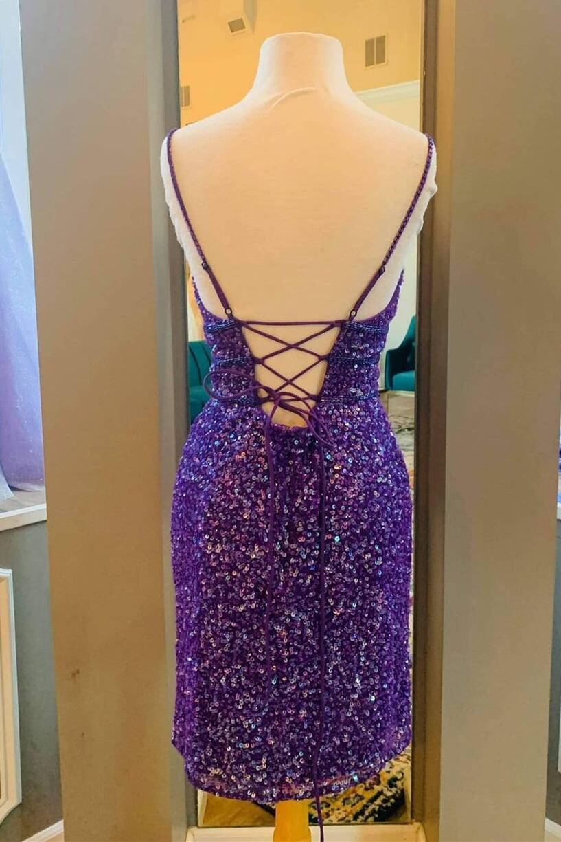 Purple Sequins Tight Short Party Dress c3227