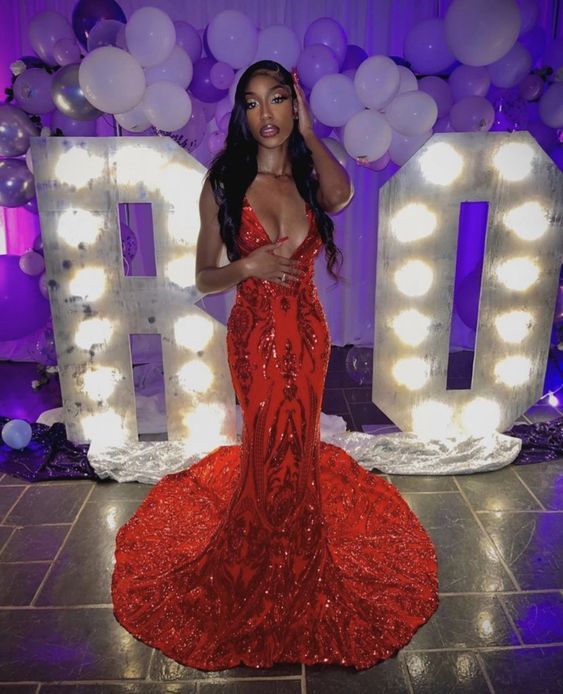 Glamorous Sequins Mermaid Evening Gowns Red Prom Dresses cc439
