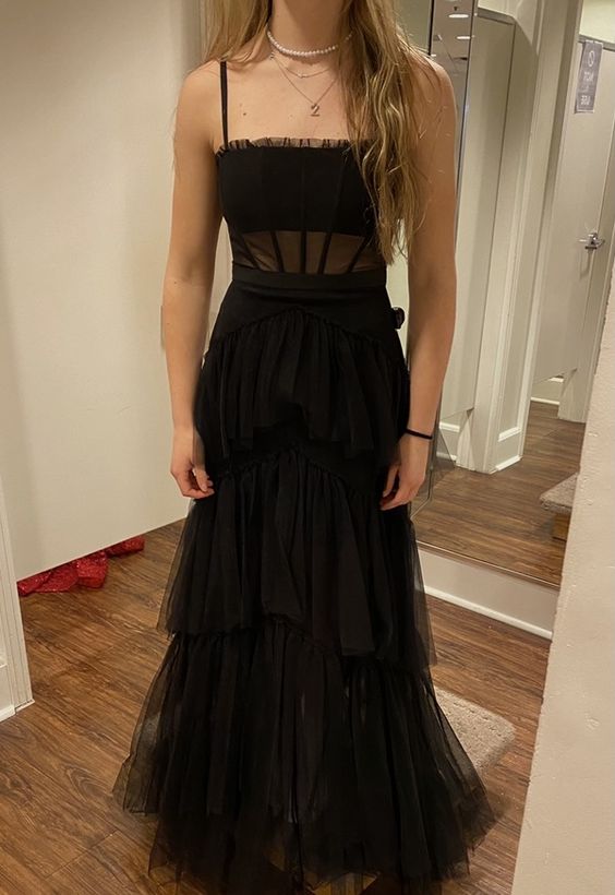 Spaghetti Strap Mesh Corset Gown Long Prom Dress Black Evening Dress cc425