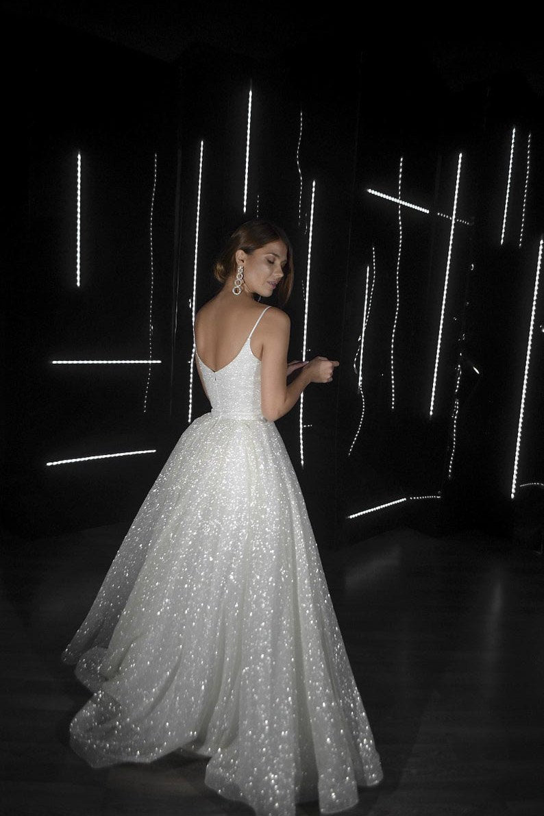 Sparkly V Neck Spaghetti Strap Wedding Dresses Simple Sparkly Tulle Train Wedding Dress C2354