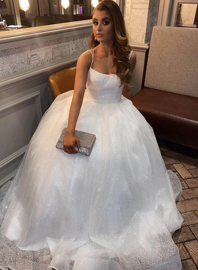 Charming A Line Spaghetti Straps White Prom Dress ,Shiny Prom Dress C788