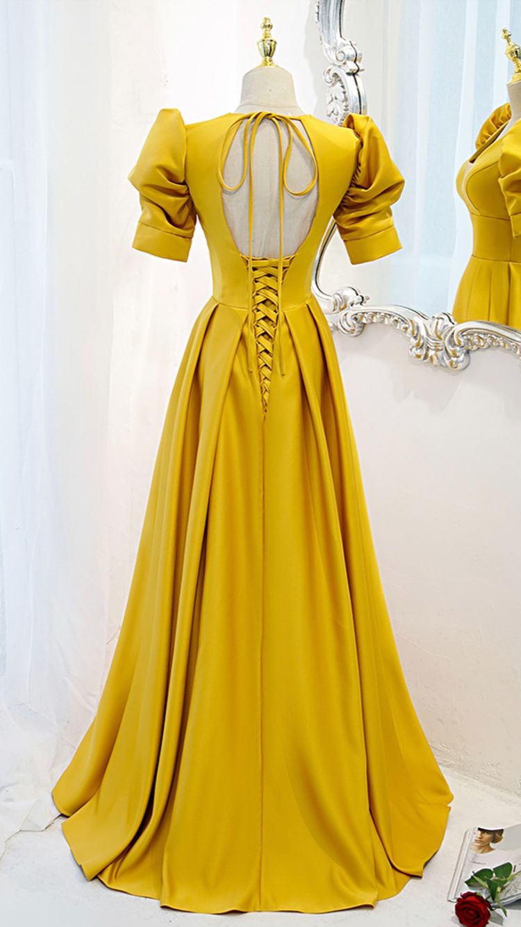 Yellow/Blue satin long A line prom dress evening dress C856