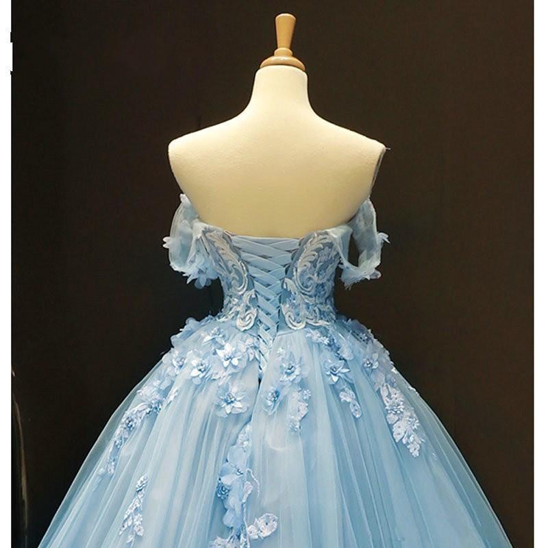 Sky Blue Prom Dresses Cheap 3D Flowers Applique Ball Gown Off Shoulder Corset Back Sweet 15 Quinceanera Dress C1780