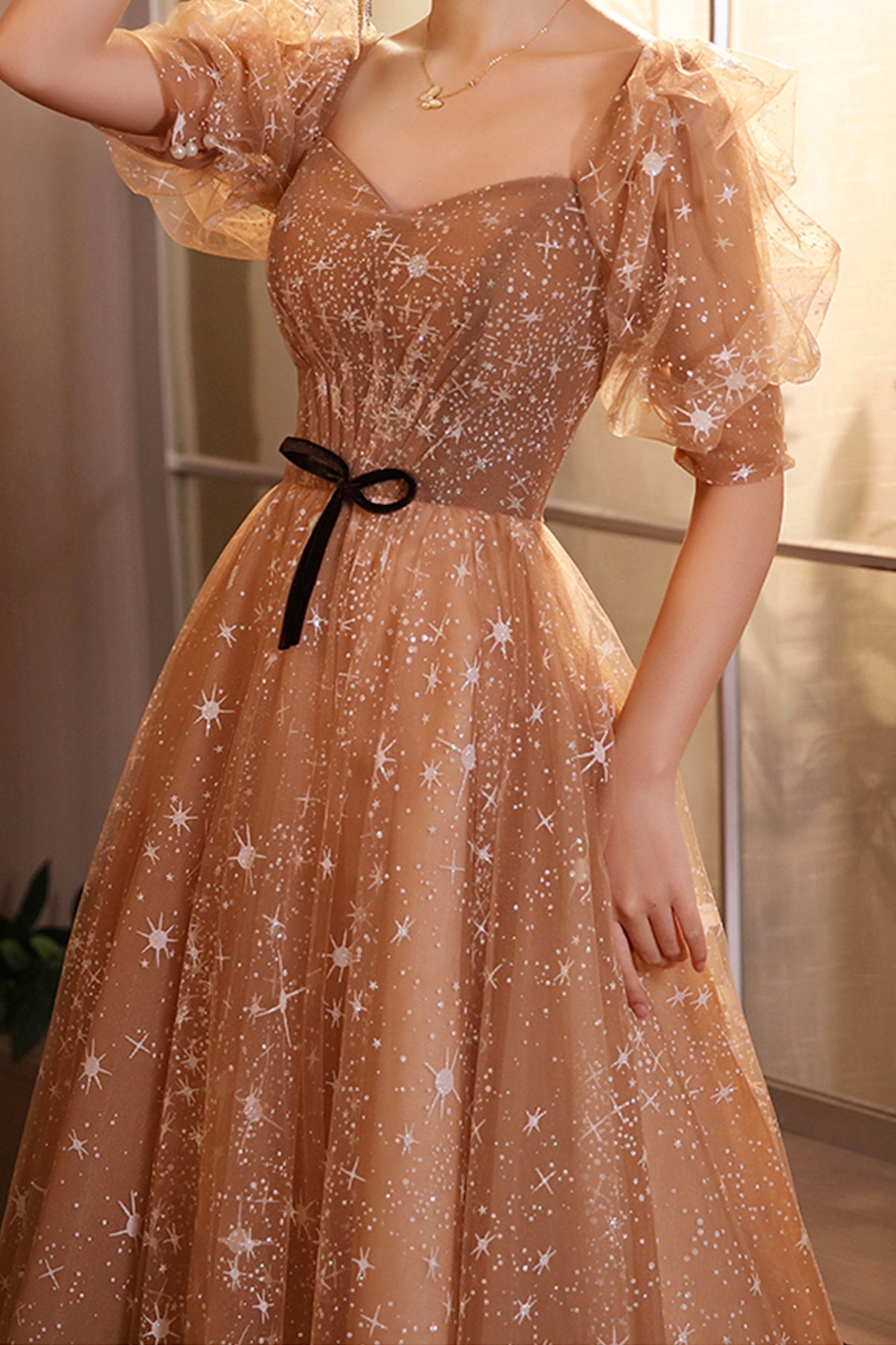 Elegant Champagne Evening Dresses Female Lanturn Sleeves Bow Lace Up Long French Style Ball Gowns C1945