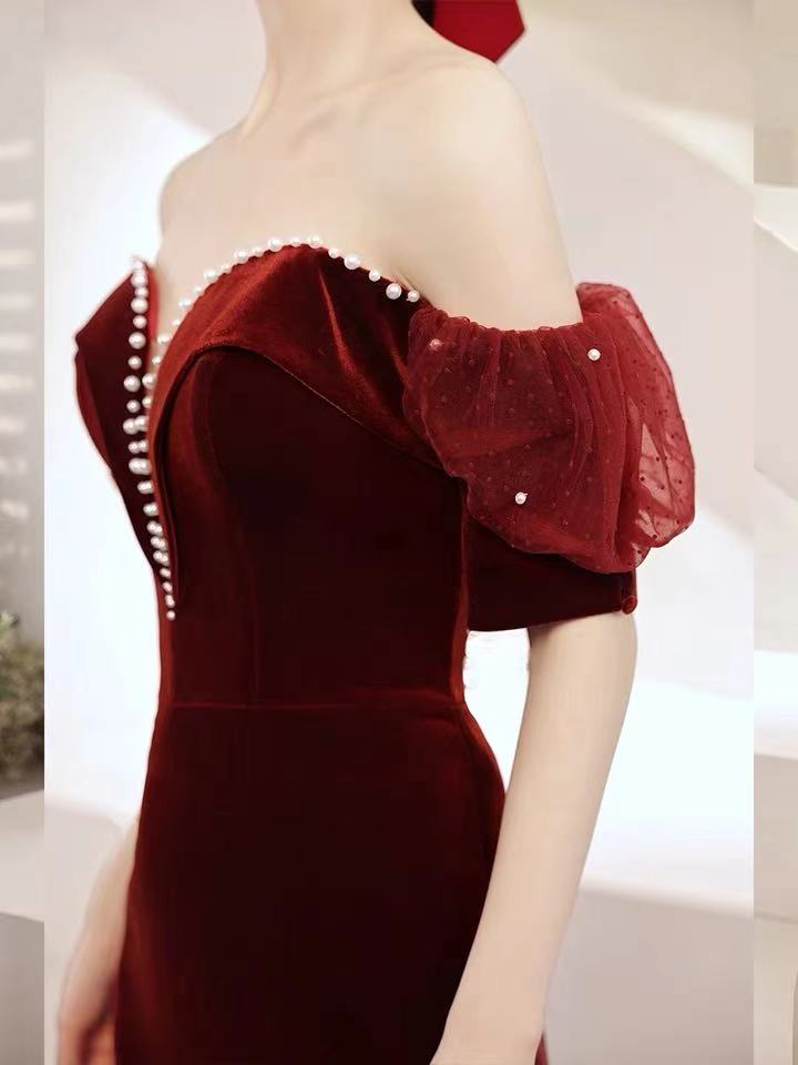 Burgundy party dress,off shoulder evening dress,velvet mermaid long prom dress,backless sexy formal dress,custom made C2094