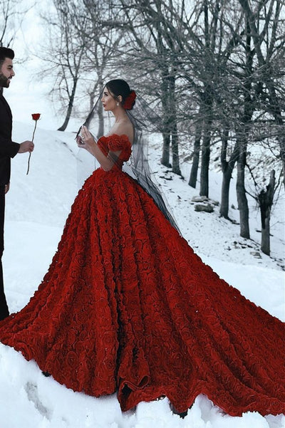Off-the-Shoulder 3D Floral Printed Ball Gown for Girl Evening Dresses C2155