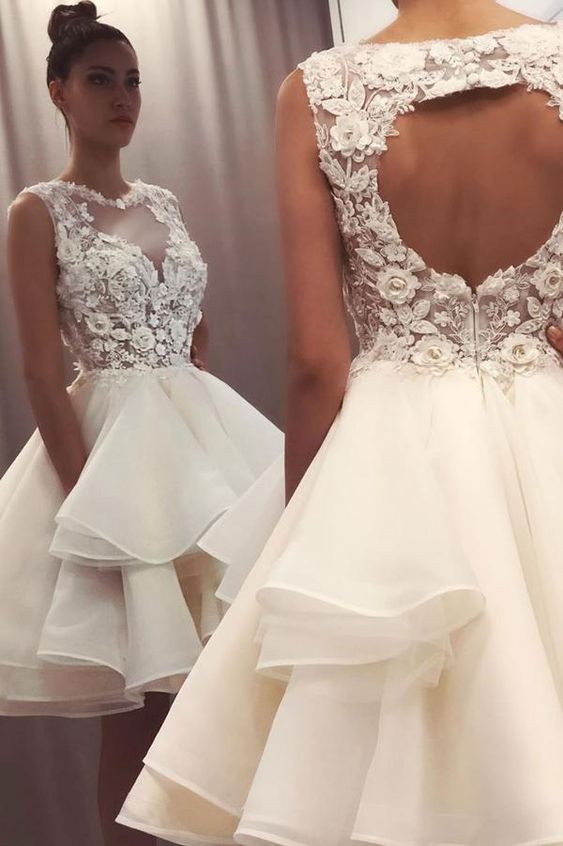 Round Neck Short Ivory Lace Short Ivory Lace Formal Homecoming Dress C18