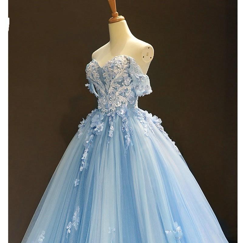 Sky Blue Prom Dresses Cheap 3D Flowers Applique Ball Gown Off Shoulder Corset Back Sweet 15 Quinceanera Dress C1780