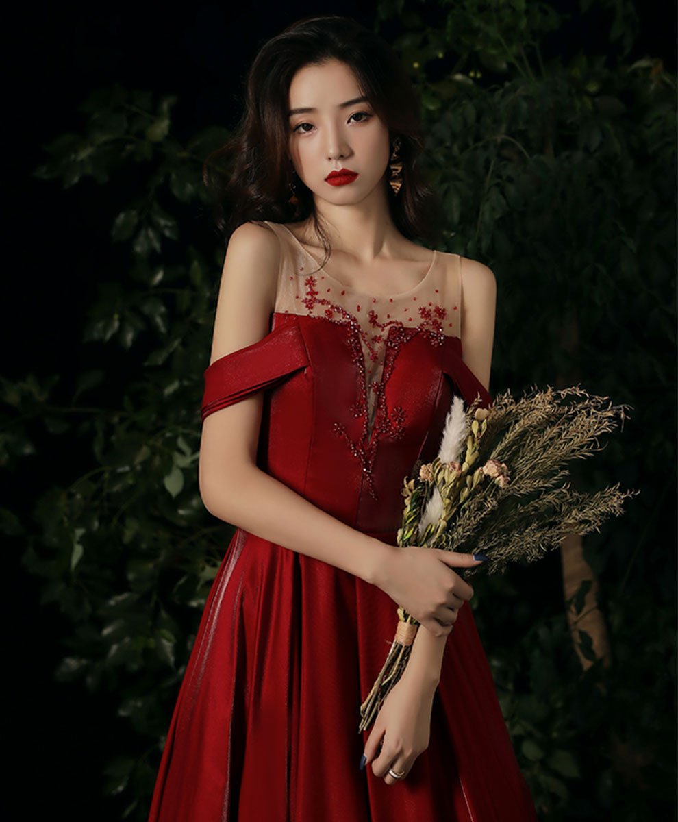 Burgundy round neck beads long prom dress burgundy evening dress C1727