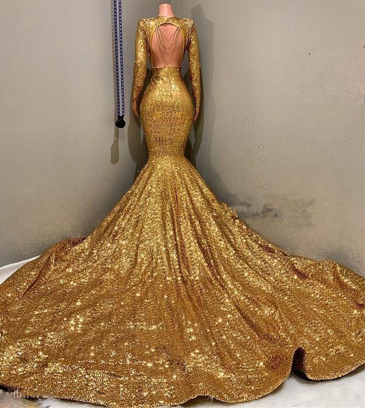 Sexy Mermaid Gold V Neck Backless Long Sleeves Sequence African American Prom Dresses C2279