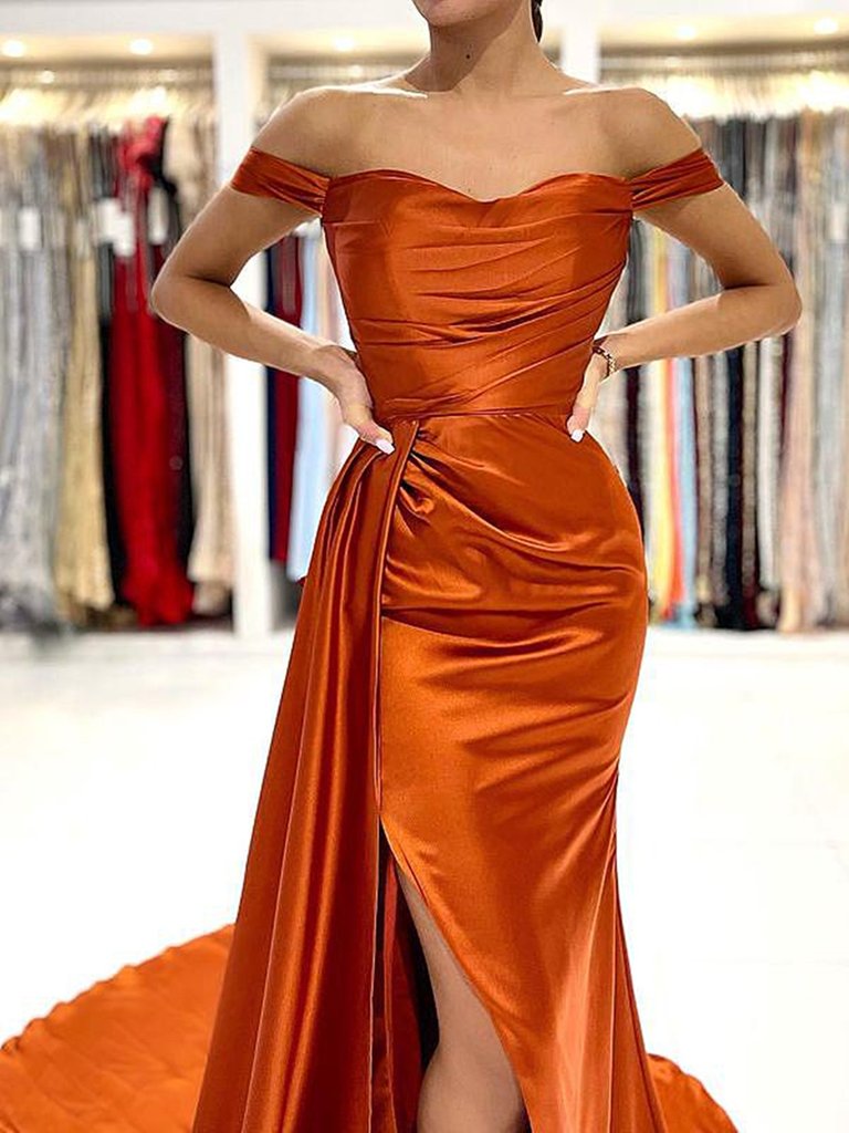 Off the Shoulder Orange Satin Prom Dresses, Orange Off Shoulder Satin Formal Evening Dresses C1926