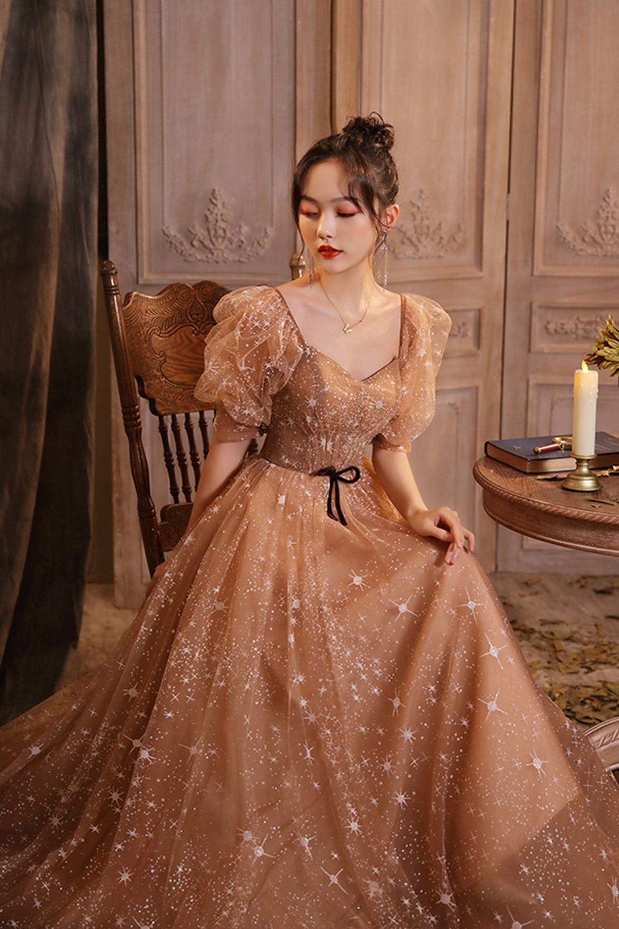 Elegant Champagne Evening Dresses Female Lanturn Sleeves Bow Lace Up Long French Style Ball Gowns C1945