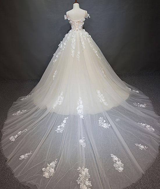 White tulle lace applique long prom dress, white lace wedding dress C1843
