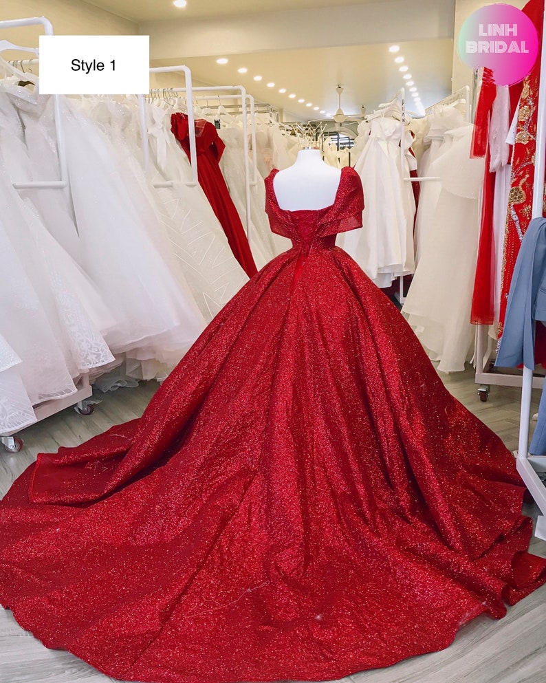 illusion Red Sparkle Ball Gown Wedding Dress With Short Sleeves Chic Prom Dress C2151