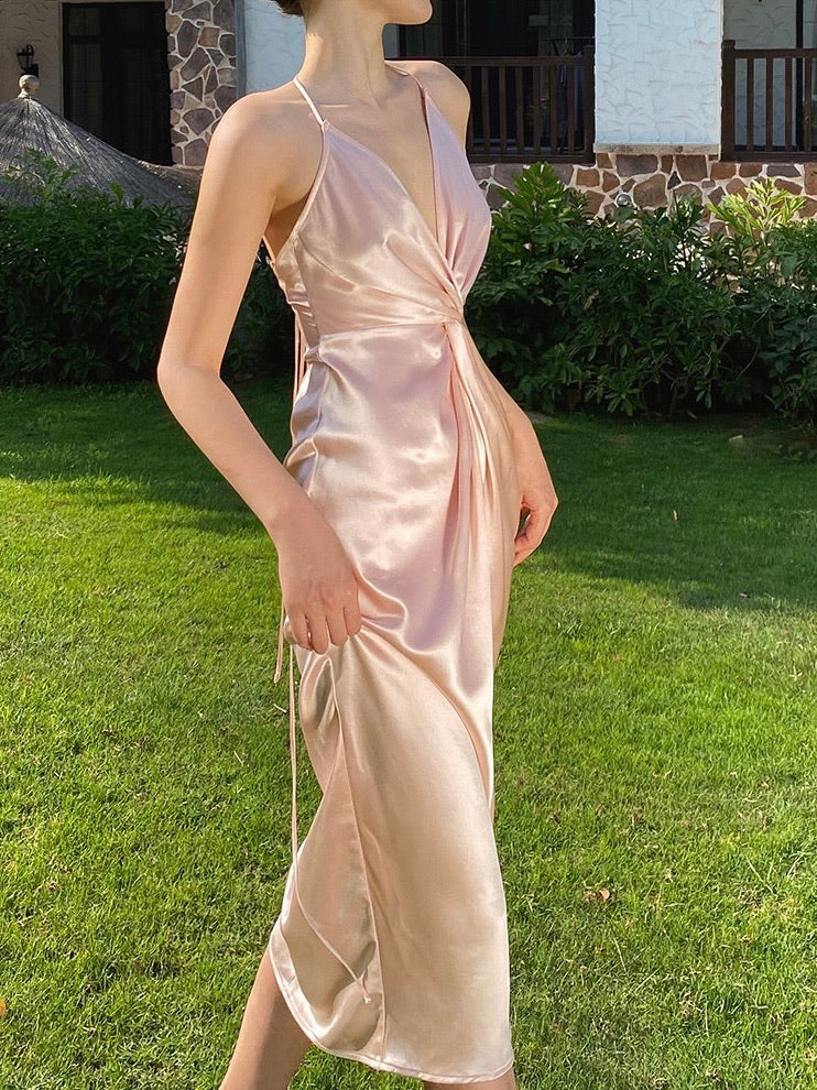 Rose Pink Satin Strap Dress Simple Party Dress C2326