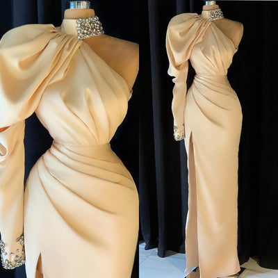 Gorgeous High Neck Long Sleeve Crystal Prom Dress Mermaid With Split C2192