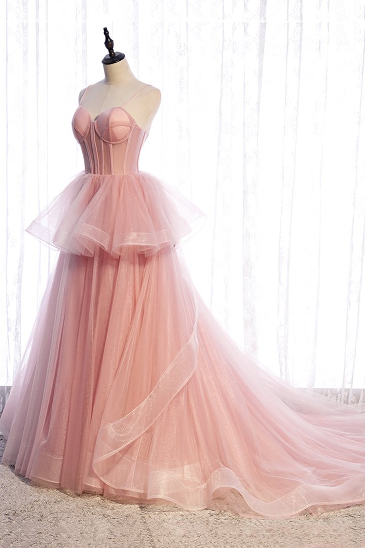 Pink tulle long prom dress A line evening gown C1866