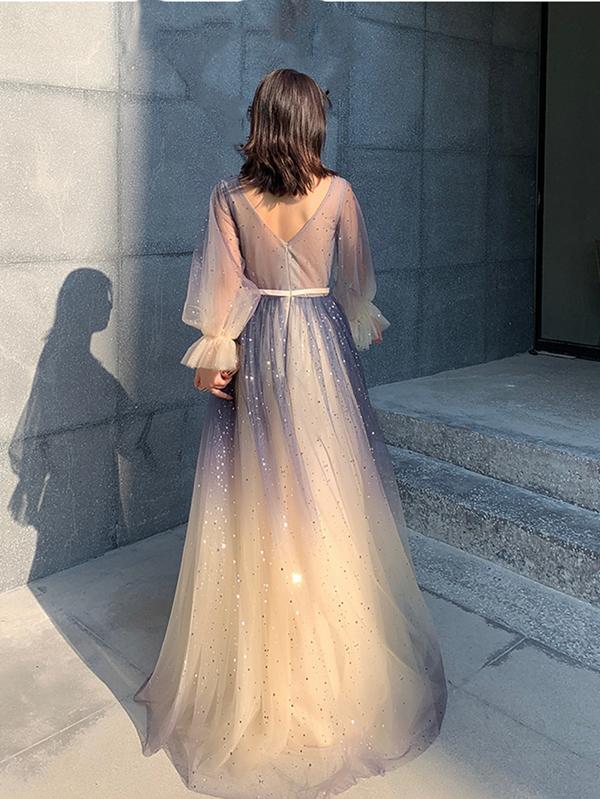 Long Sleeves Blue Ombre Beaded Prom Dresses, Long Sleeves Blue Ombre Formal Evening Dresses C1823