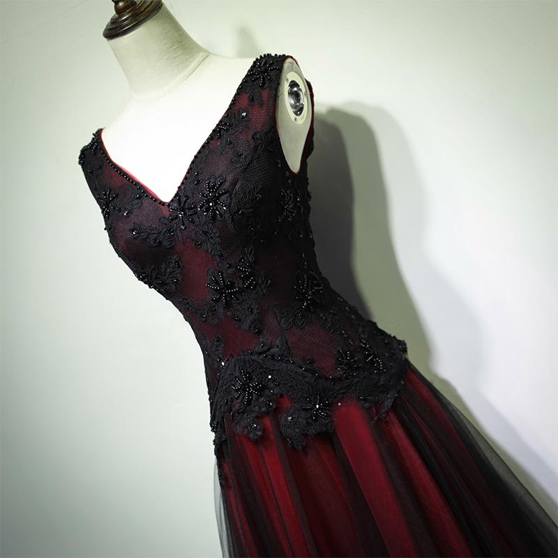Gorgeous Black And Red V-Neckline Tulle Beaded Prom Dress, Long Evening Gown C2015