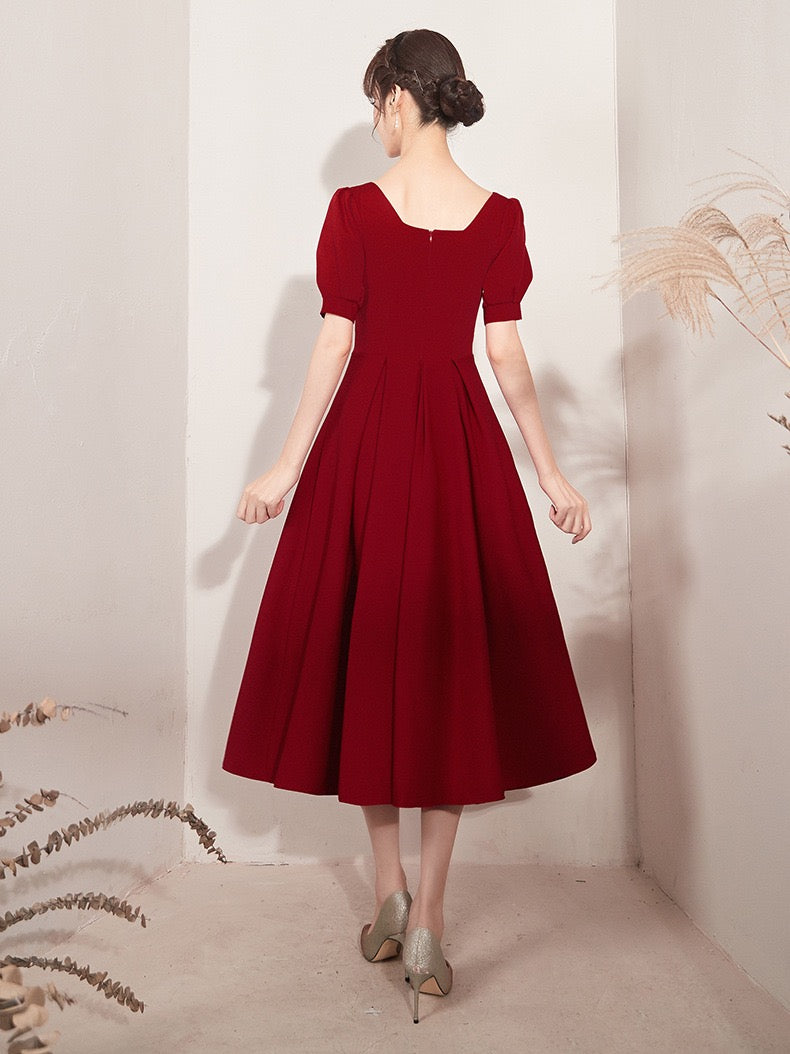 Burgundy party dress, short sleeve midi dress custom made prom dress C2059