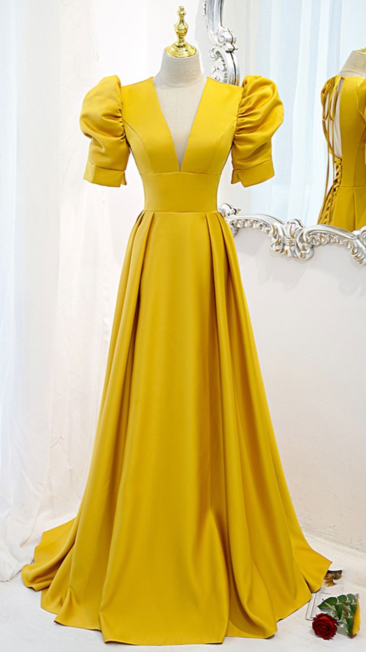 Yellow/Blue satin long A line prom dress evening dress C856